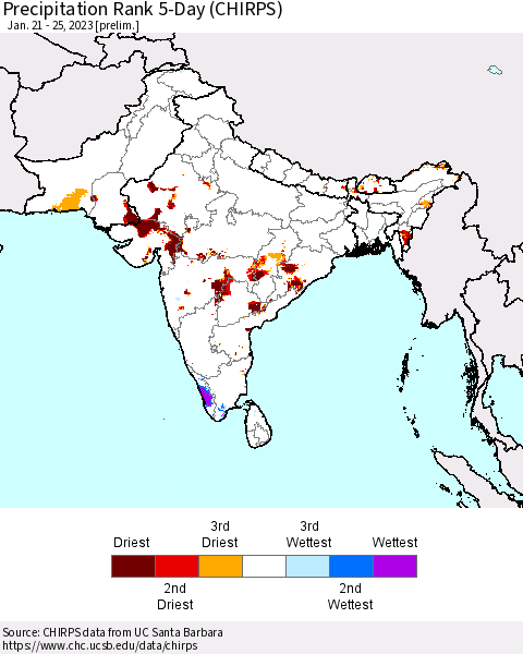 Southern Asia Precipitation Rank 5-Day (CHIRPS) Thematic Map For 1/21/2023 - 1/25/2023