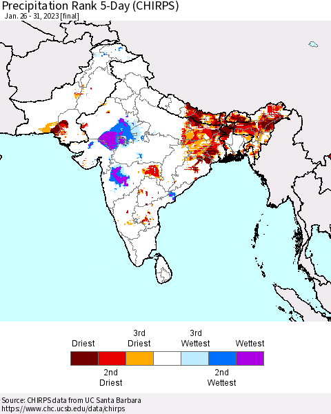 Southern Asia Precipitation Rank since 1981, 5-Day (CHIRPS) Thematic Map For 1/26/2023 - 1/31/2023