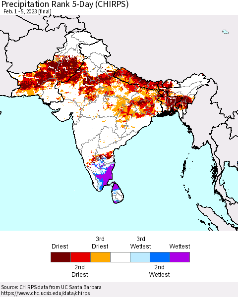 Southern Asia Precipitation Rank 5-Day (CHIRPS) Thematic Map For 2/1/2023 - 2/5/2023