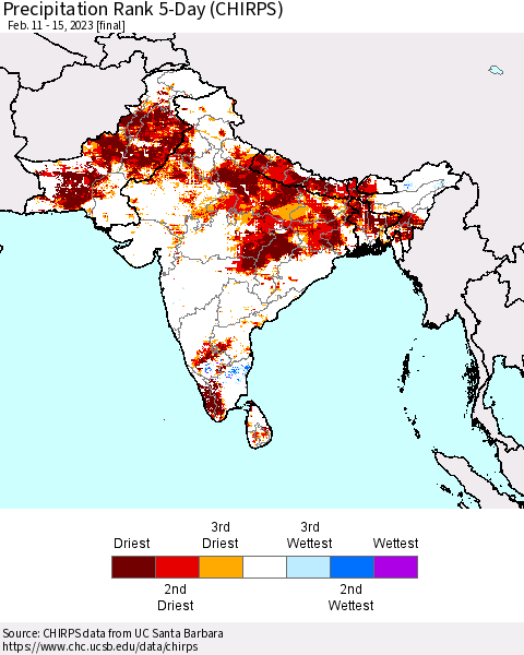 Southern Asia Precipitation Rank 5-Day (CHIRPS) Thematic Map For 2/11/2023 - 2/15/2023