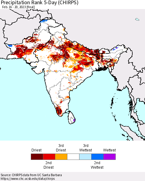 Southern Asia Precipitation Rank 5-Day (CHIRPS) Thematic Map For 2/16/2023 - 2/20/2023