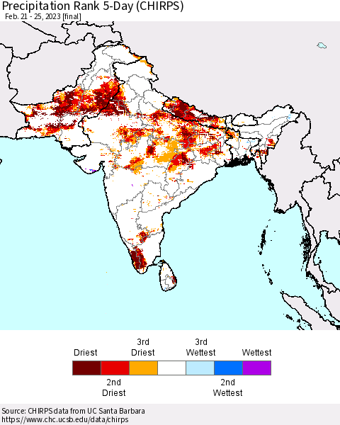Southern Asia Precipitation Rank since 1981, 5-Day (CHIRPS) Thematic Map For 2/21/2023 - 2/25/2023