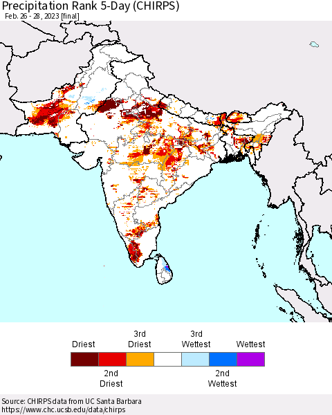 Southern Asia Precipitation Rank 5-Day (CHIRPS) Thematic Map For 2/26/2023 - 2/28/2023