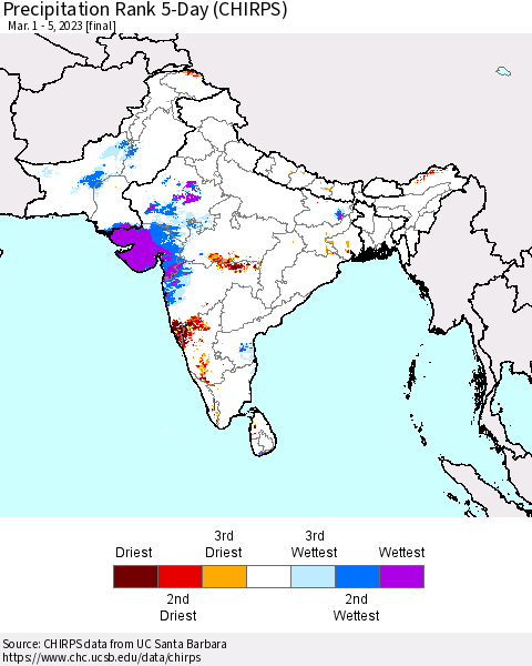 Southern Asia Precipitation Rank since 1981, 5-Day (CHIRPS) Thematic Map For 3/1/2023 - 3/5/2023