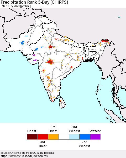 Southern Asia Precipitation Rank 5-Day (CHIRPS) Thematic Map For 3/1/2023 - 3/5/2023