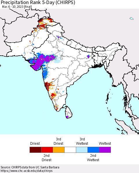 Southern Asia Precipitation Rank since 1981, 5-Day (CHIRPS) Thematic Map For 3/6/2023 - 3/10/2023