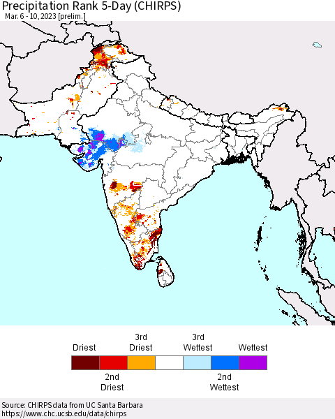 Southern Asia Precipitation Rank 5-Day (CHIRPS) Thematic Map For 3/6/2023 - 3/10/2023