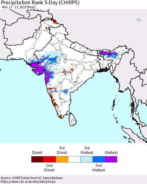Southern Asia Precipitation Rank since 1981, 5-Day (CHIRPS) Thematic Map For 3/11/2023 - 3/15/2023