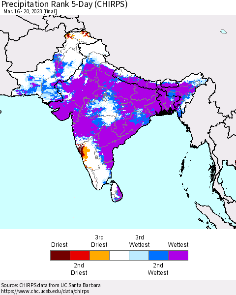 Southern Asia Precipitation Rank since 1981, 5-Day (CHIRPS) Thematic Map For 3/16/2023 - 3/20/2023