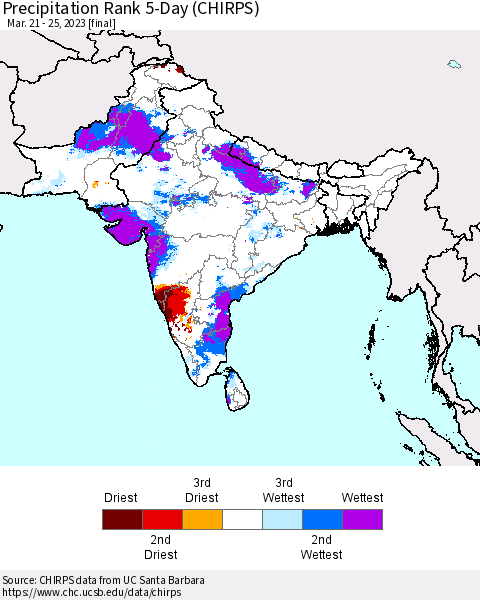 Southern Asia Precipitation Rank since 1981, 5-Day (CHIRPS) Thematic Map For 3/21/2023 - 3/25/2023
