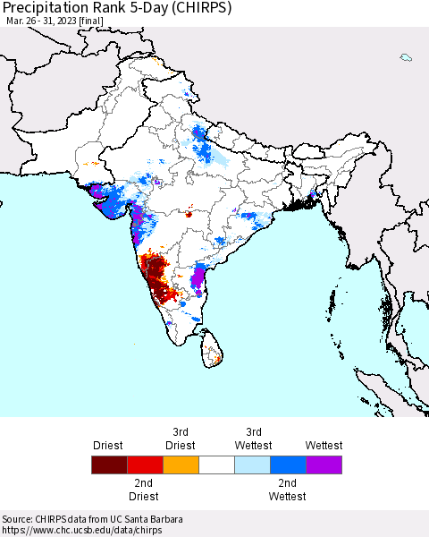 Southern Asia Precipitation Rank since 1981, 5-Day (CHIRPS) Thematic Map For 3/26/2023 - 3/31/2023