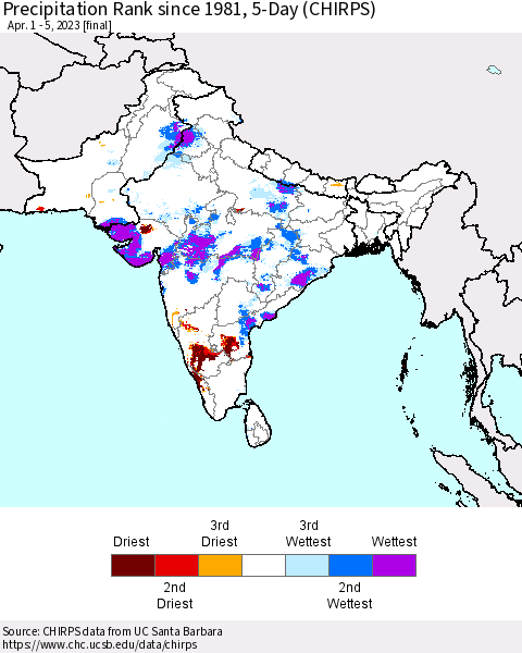 Southern Asia Precipitation Rank since 1981, 5-Day (CHIRPS) Thematic Map For 4/1/2023 - 4/5/2023