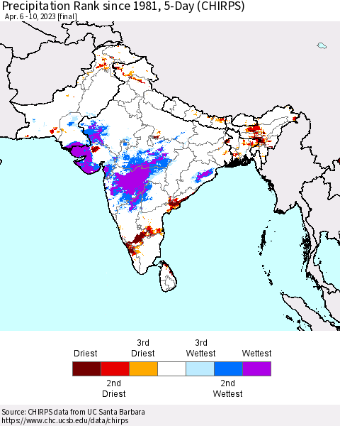 Southern Asia Precipitation Rank since 1981, 5-Day (CHIRPS) Thematic Map For 4/6/2023 - 4/10/2023