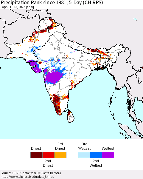 Southern Asia Precipitation Rank since 1981, 5-Day (CHIRPS) Thematic Map For 4/11/2023 - 4/15/2023