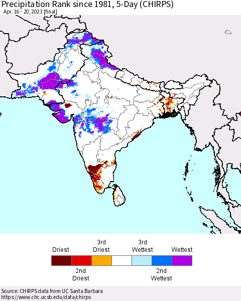 Southern Asia Precipitation Rank since 1981, 5-Day (CHIRPS) Thematic Map For 4/16/2023 - 4/20/2023