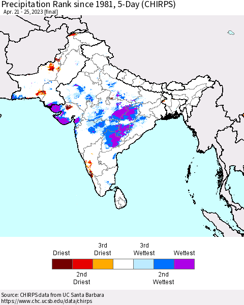 Southern Asia Precipitation Rank since 1981, 5-Day (CHIRPS) Thematic Map For 4/21/2023 - 4/25/2023