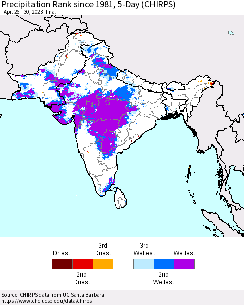 Southern Asia Precipitation Rank since 1981, 5-Day (CHIRPS) Thematic Map For 4/26/2023 - 4/30/2023