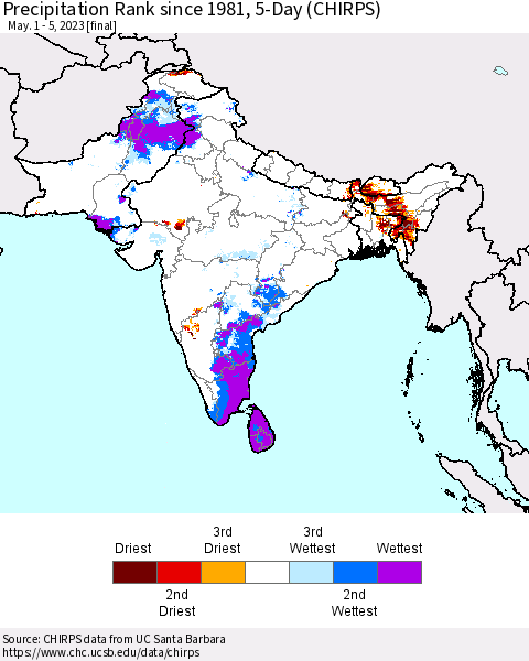 Southern Asia Precipitation Rank since 1981, 5-Day (CHIRPS) Thematic Map For 5/1/2023 - 5/5/2023