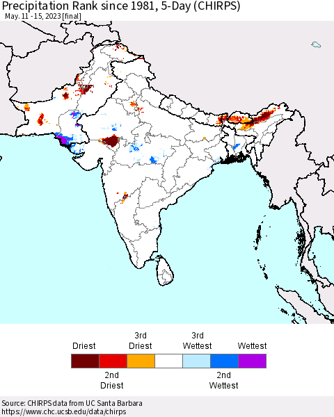Southern Asia Precipitation Rank since 1981, 5-Day (CHIRPS) Thematic Map For 5/11/2023 - 5/15/2023