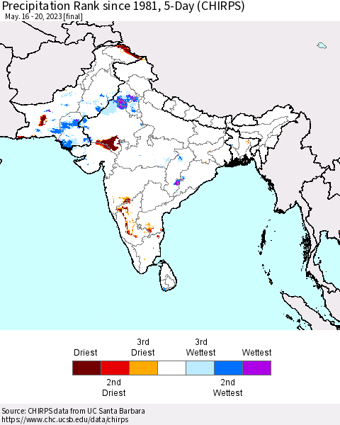 Southern Asia Precipitation Rank since 1981, 5-Day (CHIRPS) Thematic Map For 5/16/2023 - 5/20/2023