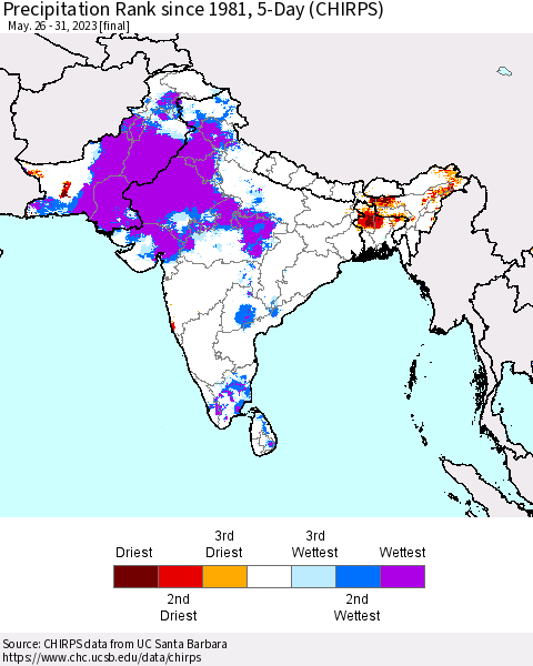 Southern Asia Precipitation Rank since 1981, 5-Day (CHIRPS) Thematic Map For 5/26/2023 - 5/31/2023