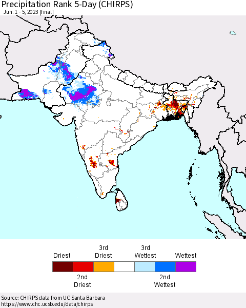 Southern Asia Precipitation Rank since 1981, 5-Day (CHIRPS) Thematic Map For 6/1/2023 - 6/5/2023