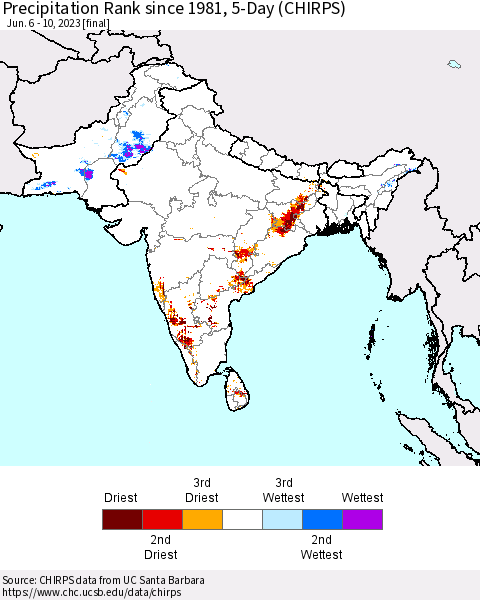 Southern Asia Precipitation Rank since 1981, 5-Day (CHIRPS) Thematic Map For 6/6/2023 - 6/10/2023