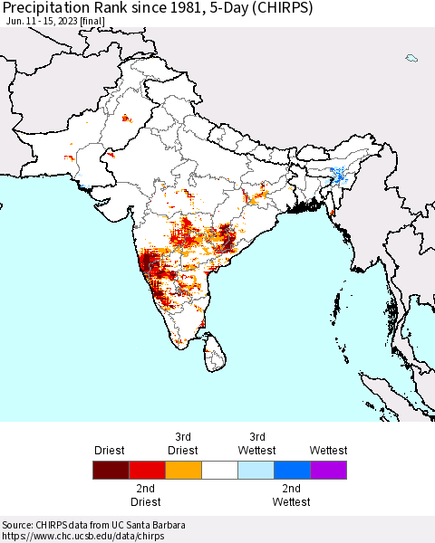 Southern Asia Precipitation Rank since 1981, 5-Day (CHIRPS) Thematic Map For 6/11/2023 - 6/15/2023