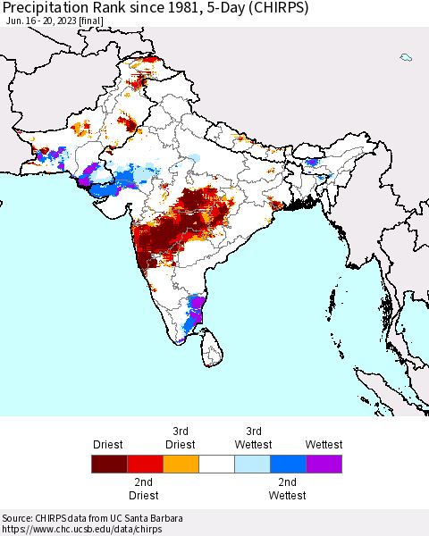 Southern Asia Precipitation Rank since 1981, 5-Day (CHIRPS) Thematic Map For 6/16/2023 - 6/20/2023