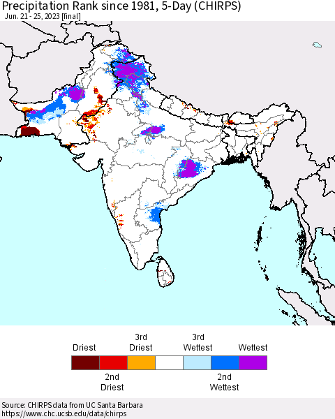 Southern Asia Precipitation Rank since 1981, 5-Day (CHIRPS) Thematic Map For 6/21/2023 - 6/25/2023
