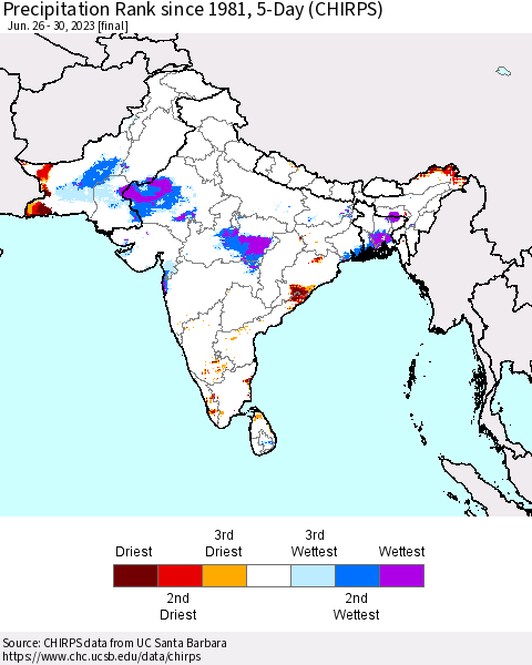 Southern Asia Precipitation Rank since 1981, 5-Day (CHIRPS) Thematic Map For 6/26/2023 - 6/30/2023