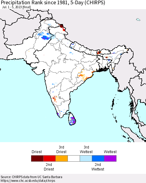 Southern Asia Precipitation Rank since 1981, 5-Day (CHIRPS) Thematic Map For 7/1/2023 - 7/5/2023
