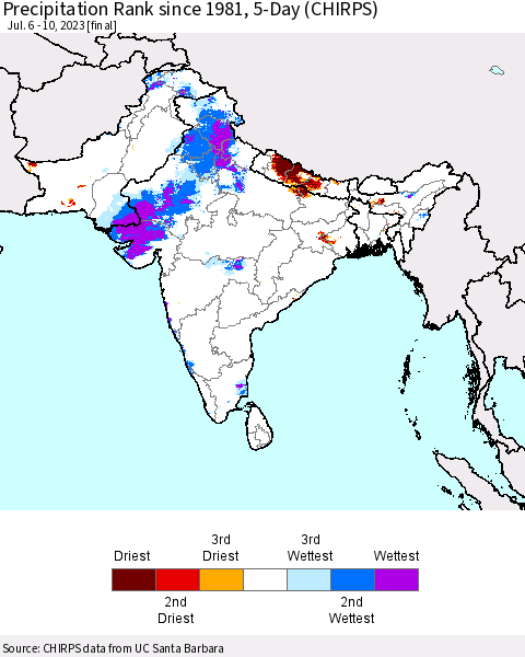 Southern Asia Precipitation Rank since 1981, 5-Day (CHIRPS) Thematic Map For 7/6/2023 - 7/10/2023