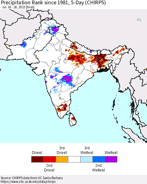 Southern Asia Precipitation Rank since 1981, 5-Day (CHIRPS) Thematic Map For 7/16/2023 - 7/20/2023