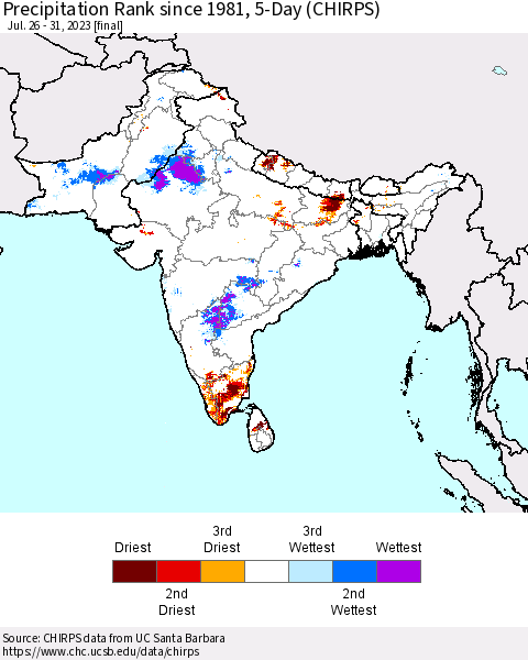 Southern Asia Precipitation Rank since 1981, 5-Day (CHIRPS) Thematic Map For 7/26/2023 - 7/31/2023