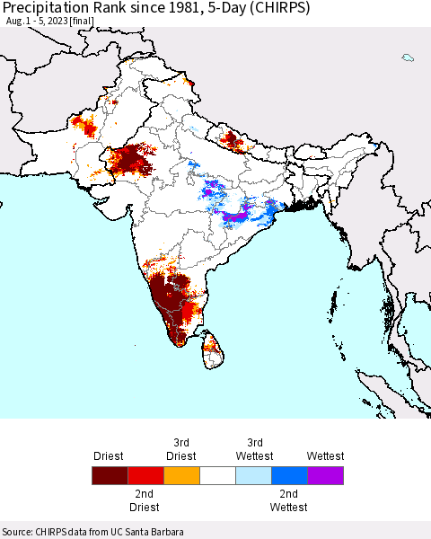 Southern Asia Precipitation Rank since 1981, 5-Day (CHIRPS) Thematic Map For 8/1/2023 - 8/5/2023