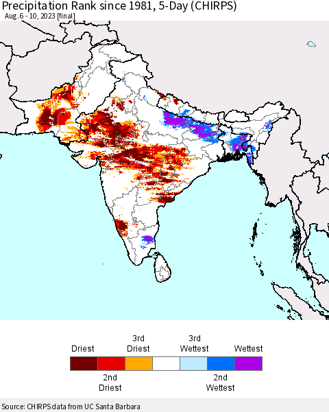 Southern Asia Precipitation Rank since 1981, 5-Day (CHIRPS) Thematic Map For 8/6/2023 - 8/10/2023