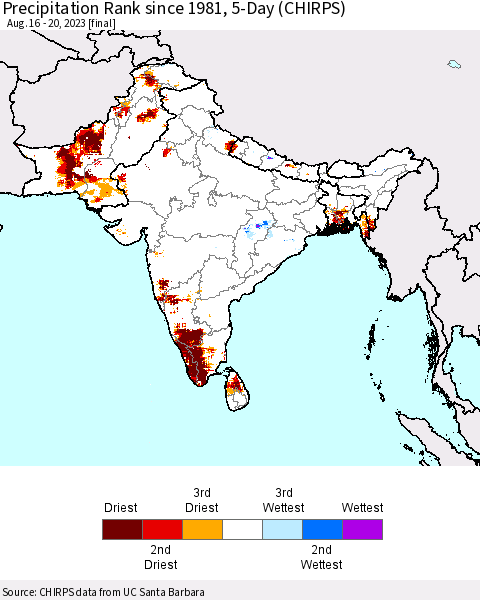 Southern Asia Precipitation Rank since 1981, 5-Day (CHIRPS) Thematic Map For 8/16/2023 - 8/20/2023