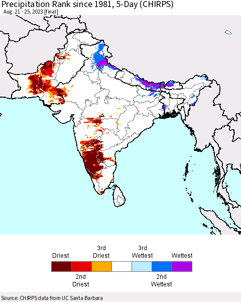 Southern Asia Precipitation Rank since 1981, 5-Day (CHIRPS) Thematic Map For 8/21/2023 - 8/25/2023