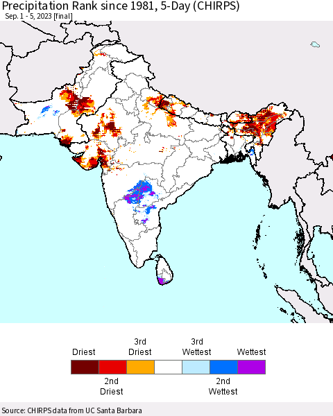 Southern Asia Precipitation Rank since 1981, 5-Day (CHIRPS) Thematic Map For 9/1/2023 - 9/5/2023
