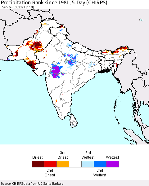 Southern Asia Precipitation Rank since 1981, 5-Day (CHIRPS) Thematic Map For 9/6/2023 - 9/10/2023