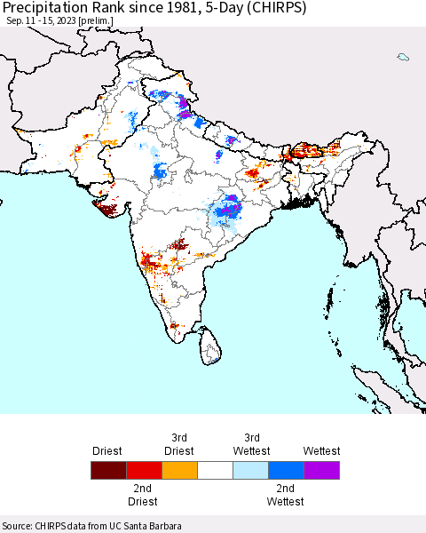 Southern Asia Precipitation Rank since 1981, 5-Day (CHIRPS) Thematic Map For 9/11/2023 - 9/15/2023
