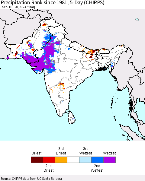 Southern Asia Precipitation Rank since 1981, 5-Day (CHIRPS) Thematic Map For 9/16/2023 - 9/20/2023