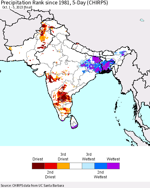 Southern Asia Precipitation Rank since 1981, 5-Day (CHIRPS) Thematic Map For 10/1/2023 - 10/5/2023