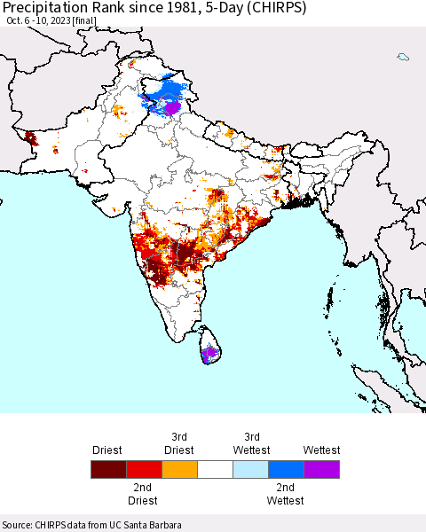 Southern Asia Precipitation Rank since 1981, 5-Day (CHIRPS) Thematic Map For 10/6/2023 - 10/10/2023