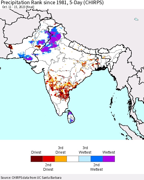Southern Asia Precipitation Rank since 1981, 5-Day (CHIRPS) Thematic Map For 10/11/2023 - 10/15/2023
