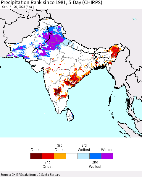 Southern Asia Precipitation Rank since 1981, 5-Day (CHIRPS) Thematic Map For 10/16/2023 - 10/20/2023