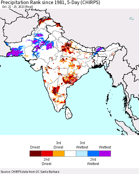 Southern Asia Precipitation Rank since 1981, 5-Day (CHIRPS) Thematic Map For 10/21/2023 - 10/25/2023