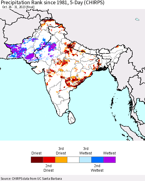 Southern Asia Precipitation Rank since 1981, 5-Day (CHIRPS) Thematic Map For 10/26/2023 - 10/31/2023