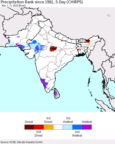 Southern Asia Precipitation Rank since 1981, 5-Day (CHIRPS) Thematic Map For 11/1/2023 - 11/5/2023